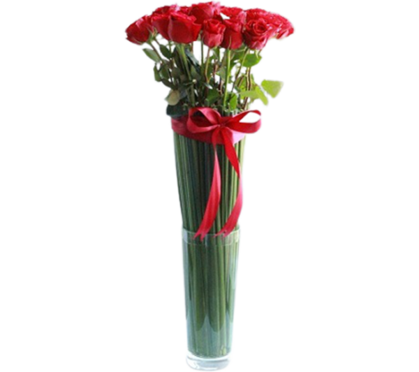 A flower vase with red roses with green leaves tied with a big ribbon