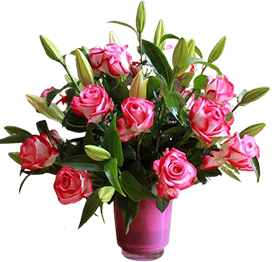 vase of white lily and pink roses