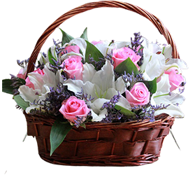 A flower basket of white and pink flowers