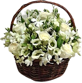 A flower basket of white flowers