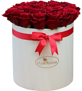 A flower box of red roses