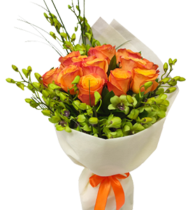 A flower bouquet of orange roses with green orchids