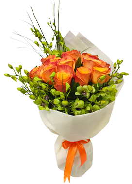 A flower bouquet of orange roses with green orchids