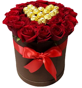 A flower box of red roses and chocolates