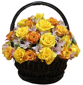A flower basket of orange and yellow flowers