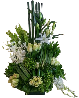 A large flower arrangement with white roses, lilies, orchids and hypericum
