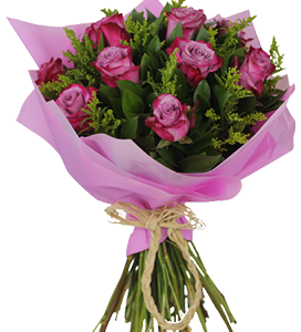 A flower bouquet of purple roses with greenery