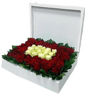 A flower box of red and white roses