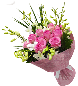 A flower bouquet of pink roses and white baby orchids