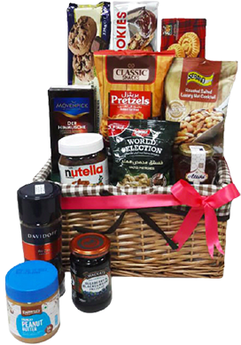 A gift basket of coffee, honey, sweets, with snacks and chocolates