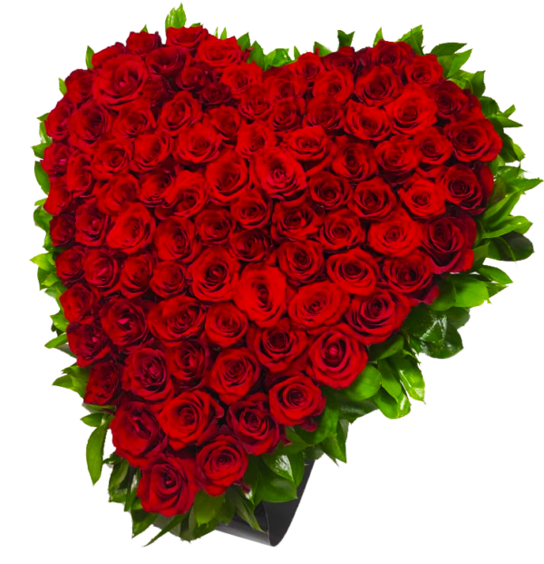 A heart-shaped flower bouquet with red roses and ruscus greenery