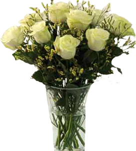 A flower vase of white roses