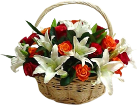 A flower basket of orange and red roses with white lilies