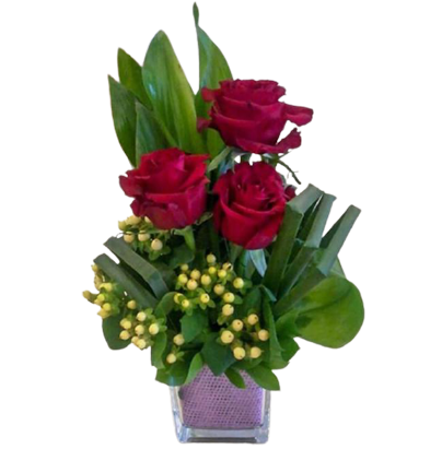 A small flower vase of 3 red roses with white hypericum and green leaves