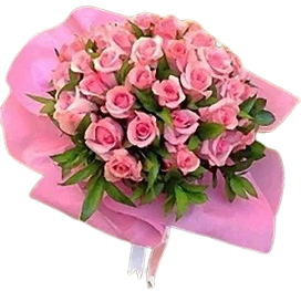 A flower bouquet of pink roses with green leaves and pink wrapping paper
