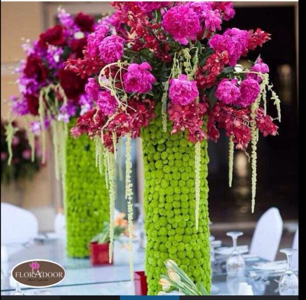 vase of pink flowers with greeny