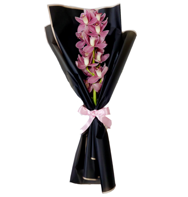 A flower bouquet for delivery in Egypt, with a pink cymbidium orchid, wrapped in a hand bouquet