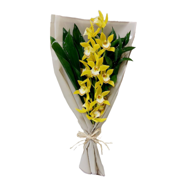 A flower bouquet for delivery in Egypt, with a yellow cymbidium orchid and green leaves, wrapped in a hand bouquet