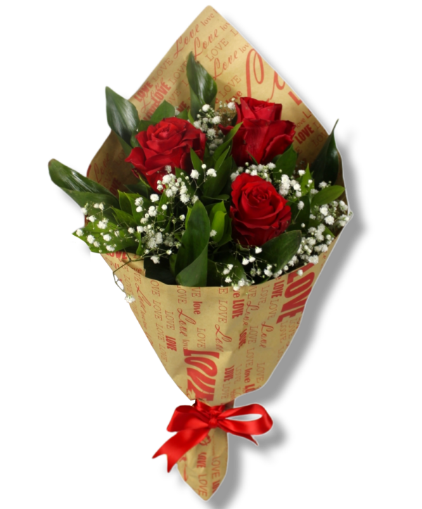 A small flower bouquet of 3 red roses with green leaves and white baby flowers with beighe wrapping paper