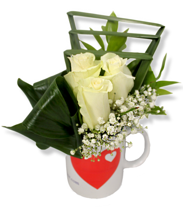 A love mug with 3 white roses, baby flowers and green leaves