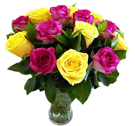 A flower vase of yellow and pink roses