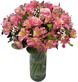 A flower vase of pink roses and alstroemeria
