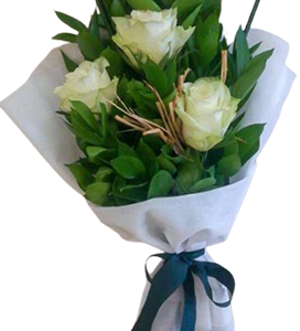 A small flower bouquet of 3 white roses with green leaves and white wrapping paper