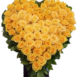 A heart-shaped flower bouquet with yellow roses and ruscus greenery
