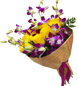 A flower bouquet of yellow roses and purple baby orchids with green leaves, and beige wrapping paper