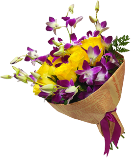 A flower bouquet of yellow roses and purple baby orchids with green leaves, and beige wrapping paper