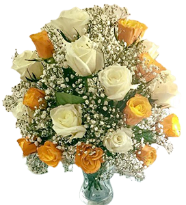 A flower vase of orange and white flowers