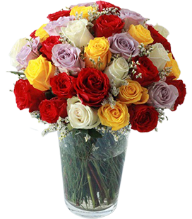 A flower vase of colorful roses