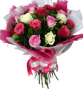 A flower bouquet with pink, dark pink and white roses with ruscus greenery wrapped and tied with a big ribbon