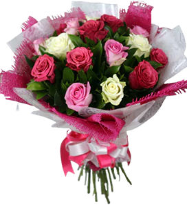 A flower bouquet with pink, dark pink and white roses with ruscus greenery wrapped and tied with a big ribbon